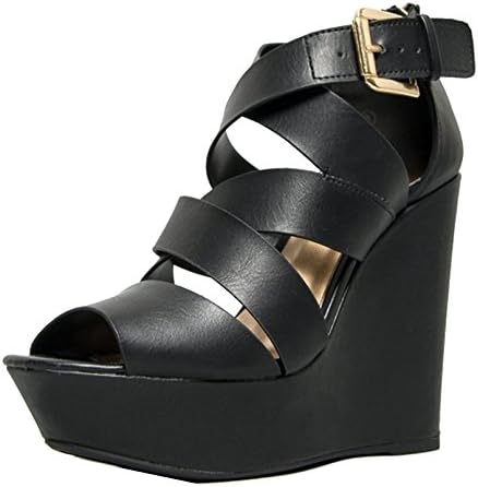 Soda HAT Criss Cross Strappy Platform Wedge Heel Sandal,7 B(M) US,Black Pu