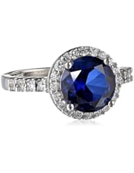 Platinum Plated Sterling Silver Round-Cut Blue Cubic Zirconia Ring