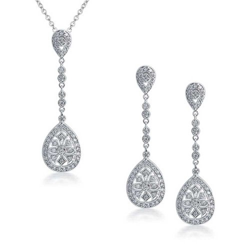 Bling Jewelry Art Deco Style Pave Long Teardrop Pendant and Earrings Set Rhodium Plated