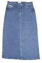 Stretch Denim Skirt with Front and Back Pockets with Back Yoke Embroidery.