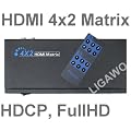 HDMI Matrix 4x2 Splitter Switch Umschalter 4 zu 2 Y Adapter 4:2 FullHD 1080p + Fernbedienung + HDMI High Speed + Cinch Audioausgang + Verst�rker