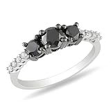 Sterling Silver 1 CT TDW Black and White Diamond Black Rhodium Plated 3 Stone Ring (G-H, I3)
