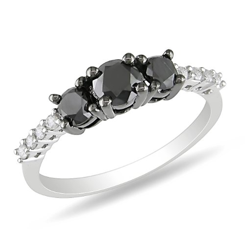 Sterling Silver 1 CT TDW Black and White Diamond Black Rhodium Plated 3 Stone Ring (G-H, I3)
