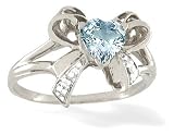 14K White Gold Genuine Heart Aquamarine and Diamond Bow Ring