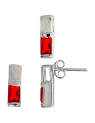 Sterling Silver Matte-finish Rectangular Earrings (13mm tall) & Pendant Slide (13mm tall) Set, w/ Emerald Cut Ruby-colored CZ Stones