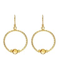 14k Italian Yellow Gold Dangle Diamond Cut Circle with Gemstone Center Stone Earrings