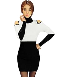 Turtleneck Acrylic Long Sleeves Cutout Stretchy Colorblocking Sweater  Dress