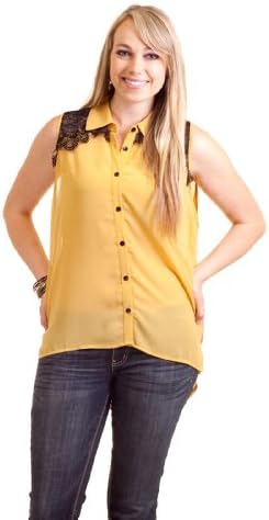 Contrast Lace High-Low Top Blouse Yellow Plus Size XX-Large