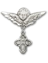 Sterling Silver Baby Badge with 4-Way Charm and Angel w/Wings Badge Pin