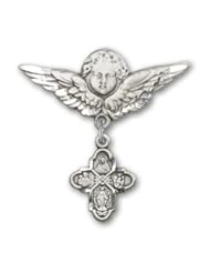 Sterling Silver Baby Badge with 4-Way Charm and Angel with Wings Badge Pin