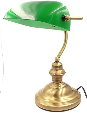 RUDY Bankers Desk Lamp 15"H, Green Glass Shade with Brushed Gold Finish Brass Base - Elegant Home Accent and Perfect Gift