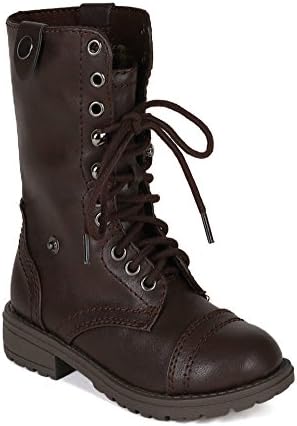 Happy Soda Oralee-2S Leatherette Lace Flannel Fold Cuff Military Boot (Toddler/ Little Girl/ Big Girl) - Dark Brown (Size: Little Kid 11)