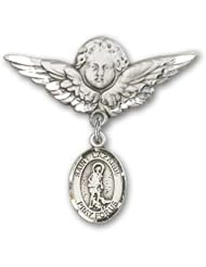 Sterling Silver Baby Badge with St. Lazarus Charm and Angel with Wings Badge Pin