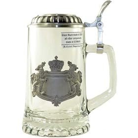 Glass Beer Stein with Engravable Pewter Bavarian Badge & Lid - 0.4 Liter