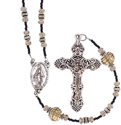 Heirloom Quality Oval Holy Blessed Virgin Mary Medal Vintage Design Pendant Rosary with 5 x 5mm Capped Antique Silver Rondelle Tibetan Style and Capped Grey Round Faceted Glass Our Father Beads with Tibetan Style Ornate Crucufix Gift Boxed