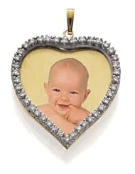 Medium Diamond Heart Photo Pendant Picture Charm - 1 inch x 1.12 inch in Solid 14K Yellow and 14K White Gold