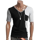 DOUBLJU Mens Casual Short Sleeve POCKET COLORATION DESIGNED V-NECK T-Shirt(DJ46)-BLACK-2XL