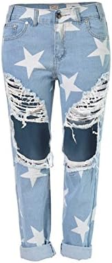 Womens Star Printed Distressed Ripped Boyfriend Jeans Pants Straght Leg (34=US 2)