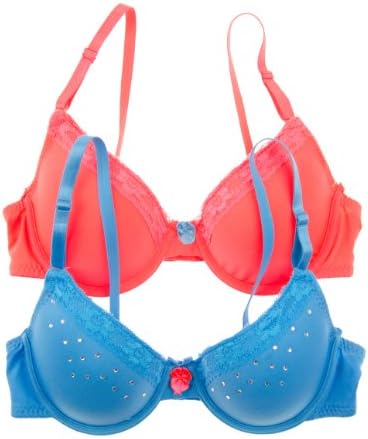 Gyrl Co. 2 Pack Girl's Light Padded Bra with Lace Trim in Bright Colors (32A, BrightBlue Rhinestone/N.Orange)