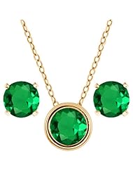 3.00 Ct Round Green Nano Emerald 14K Yellow Gold Pendant Earrings Set 18"