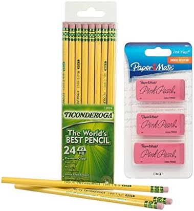 Ticonderoga Wood-Cased #2 HB Pencils, Box of 24 &amp; Paper Mate Pink Pearl Premium Erasers, 3 Pack, Large (70501)