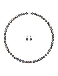 .925 Sterling Silver Black Freshwater Pearl Necklace & Earrings Set