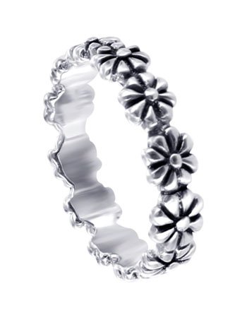 Polish Finish 4 MM Flower Sterling Silver Band Ring