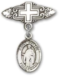 Sterling Silver Baby Badge with St. Justin Charm and Badge Pin with Cross
