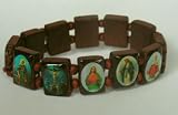 Wood Rosary Bracelet with Colorful Religious Icons & Beads - Shiny Mahogany Wood