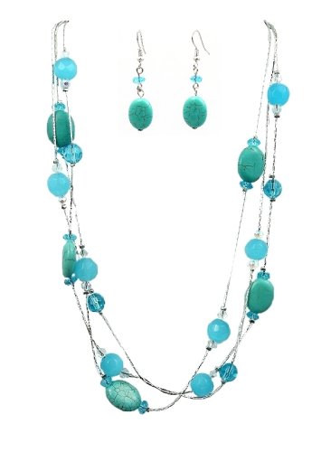 Necklace - N342 - Triple Strand ~ Turquoise Stone and Glass Beads + Matching Earrings
