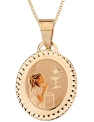 14k Yellow Gold First Holy Comm union Girl Picture Medal Necklace, 16"