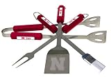 Nebraska Cornhuskers 4 piece BBQ (Barbecue) Set - Spatula/Tongs/Fork/Basting Brush - NCAA College Athletics Fan Shop Sports Team Merchandise