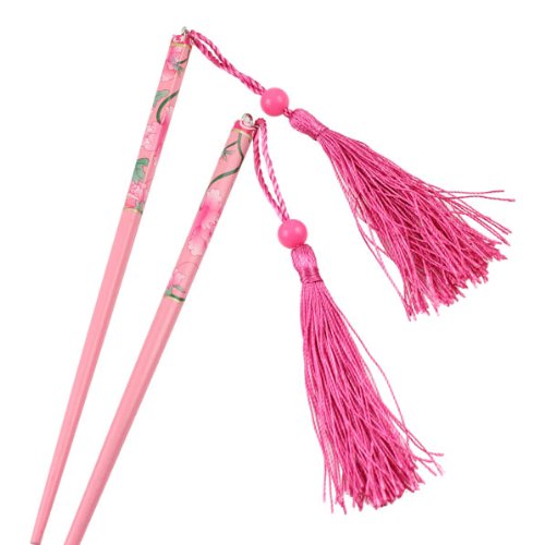 Oriental Floral Wood Chopstick Hair Stick with Tassels [Pair]