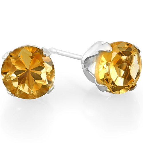 1.50 Carat (ctw) 6 mm Real Natural Genuine Round Shape Yellow Citrine 925 Sterling Silver Studs Earrings