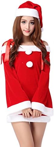 Womens Off-shoulder Long Sleeves Mini Dress Sexy Miss Santa Costumes Outfits