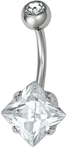 14g Surgical Steel Prong Set Square CZ Crystal Belly Button Ring