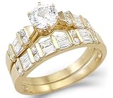 New Solid 14k Yellow Gold Solitaire CZ Cubic Zirconia Two Ring