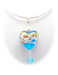 Aqua Murano Glass Heart Pendant Sterling Silver Omega Chain Necklace Italy 18 Inch