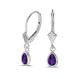 14K White Gold Pear Amethyst Bezel Lever-back Earrings