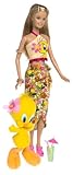 Barbie Year 2003 Looney Tunes Back in Action Series 12 Inch Doll Set - Barbie Loves Tweety Piolin Piu-Piu with Barbie Doll in Beach Outfit Holding a Cocktail Glass Plus Tweety Character 5 Inch Plush