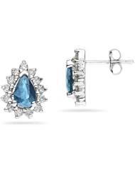 6X4mm Pear Shaped Blue Topaz and Diamond Flower Earrings in 14k White Gold