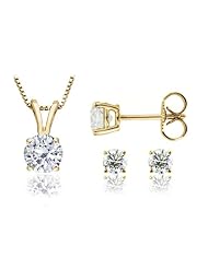 Round Cut Diamond Solitaire Pendant & Diamond Stud Set in 14K Yellow (0.65ctw J-K Color I2 Clarity)- Free Shipping