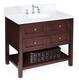 New Yorker 36-inch Bathroom Vanity (White/Chocolate), Includes Cabinet with Marble Countertop, Ceramic Sink, and Chrome Faucet