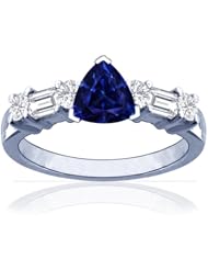 18K White Gold Triangle Cut Blue Sapphire Ring With Sidestones