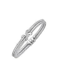 .925 Sterling Silver 2 Rows Basketweave with Diamond Accents X Cross Bangle Bracelet 0.09ct