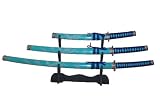 4 Pc Traditional Samurai Style Sword Set with Dragon Design Blue