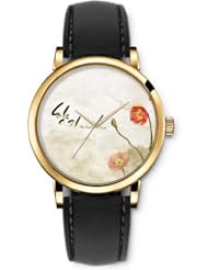 SPRAWL Aanalog Fashion Series Gold Ladies Watches of Genuine Black Leather Strap,Unique Wrist Watch for Women Girls Designed with Opaque background with orange flowers
