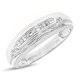 1/10 CT. T.W. Round Cut Diamond Men's Wedding Band 10K White Gold Wedding Ring - Free Gift Box -