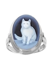 Sterling Silver Italian Blue Agate Sitting Cat Cameo Ring