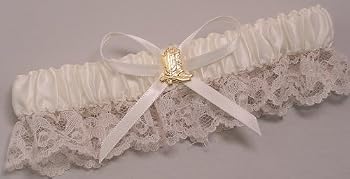 Satin and Lace Garter with Gold Boots Charm, Ivory